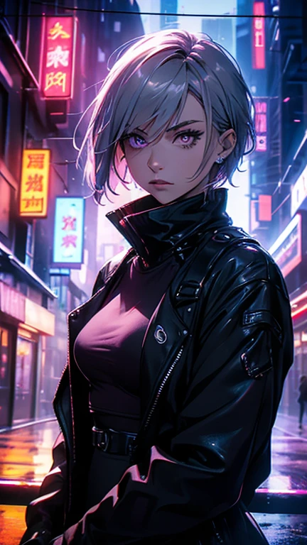 (ultrarealistic, high resolution, Best Quality, 4k, professional, cowboy shot), an image of a character sitting in an area illuminated with neon lights, beauty eyes, sharp eyes. Your Asymmetrical Pixie Hairstyle, silver hair, short hair, And the left-facing bangs with red highlights make her stand out... in pastel gothic style, Chinapunk, cryptic academy, album covers, urban landscape, dark purple and black, Right now