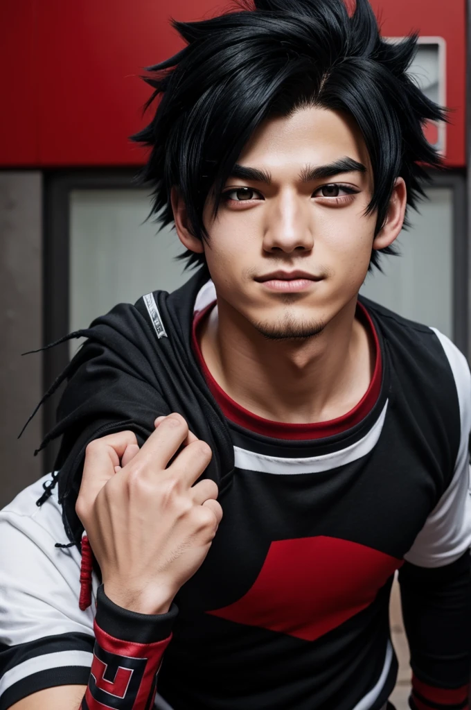 boy from boku no hero academia, black hair with red tips, lip piercing, happy 