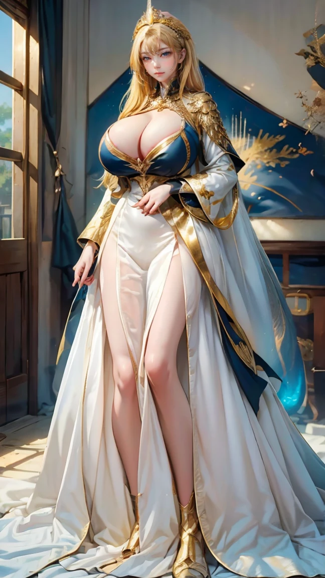 Best quality, masterpiece, ultra high res, raw photo, beautiful and aesthetic,deep shadow, dark theme,(ultra detailed:1.3),
1girl, sexy pose, Headdress, (beautiful face, detailed eye:1.2), embarrassed, (busty breasts, gigantic breasts:1.1), drill hair, long hair, blonde hair, gradient hair, yellow eyes, solo, big hair, blue hair, divine goddess, looking at viewer, indoors, royal palace, medieval bedroom, astraea, full body, nhjy, a white dress with gold accents on a mannequin