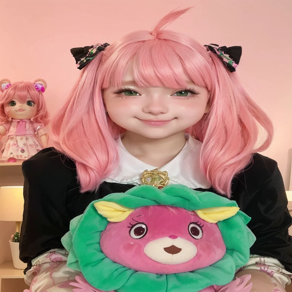 araffe with pink hair and a green and pink teddy bear, Beautiful Delfina, anime girl in real life, anime cosplay, anime girl cosplay, linda garota with pink hair curto, cute kawaii girl, ruan father vtuber, cosplayer dressed as a crab, Kawaii realistic portrait, with pink hair, barbie anime doll, Yami Kawaii, cosplayer