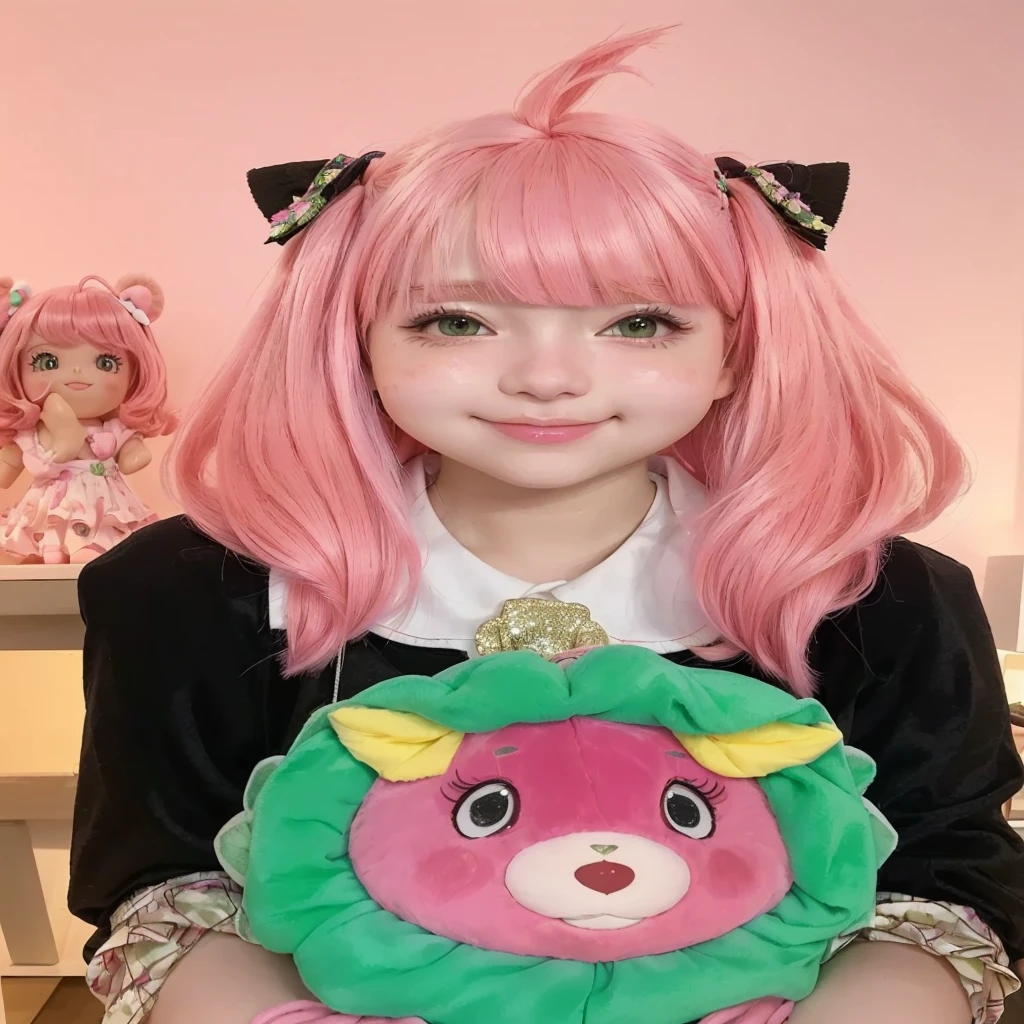 araffe with pink hair and a green and pink teddy bear, Beautiful Delfina, anime girl in real life, anime cosplay, anime girl cosplay, linda garota with pink hair curto, cute kawaii girl, ruan father vtuber, cosplayer dressed as a crab, Kawaii realistic portrait, with pink hair, barbie anime doll, Yami Kawaii, cosplayer