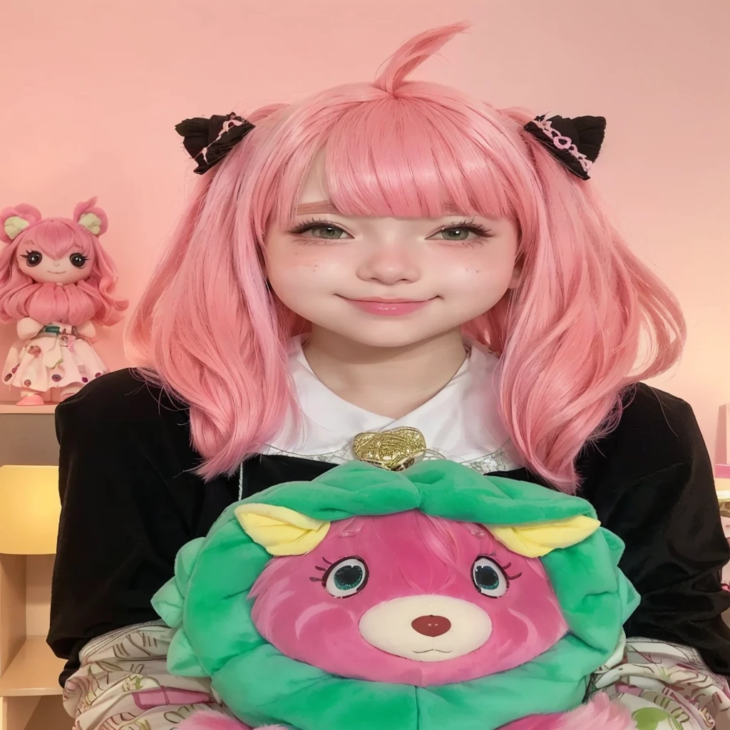 araffe with pink hair and a green and pink teddy bear, Beautiful Delfina, anime girl in real life, anime cosplay, anime girl cosplay, linda garota with pink hair curto, cute kawaii girl, ruan father vtuber, cosplayer dressed as a crab, Kawaii realistic portrait, with pink hair, barbie anime doll, Yami Kawaii, cosplayer