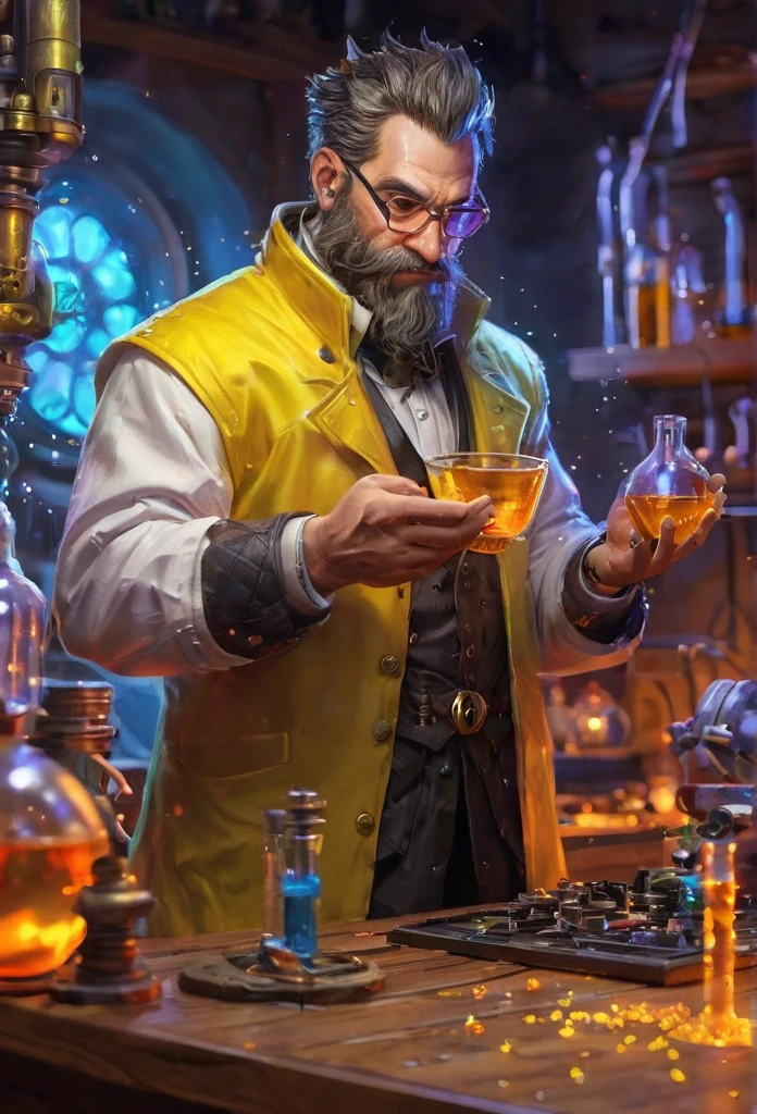 Create a high-quality, detailed masterpiece illustration of a mad scientist from World of Warcraft, styled like Hearthstone card art. The scientist is engrossed in experimenting with beakers and test tubes in his lab. He wears a yellow shirt with “Blizzard” emblazoned on it. Capture the whimsical and fantastical elements of the Hearthstone art style, with vibrant colors and intricate details to bring the scene and character to life.