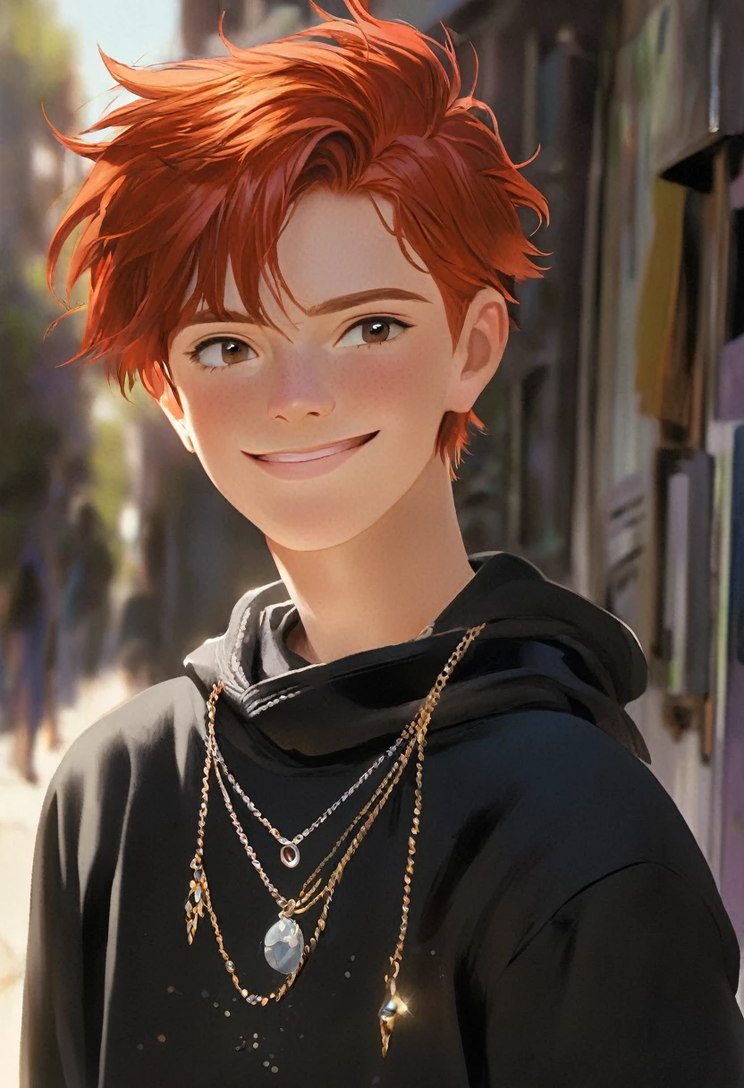 A teenage boy with red hair, Brown eyes, dressed in a black sweatshirt and has a necklace around his neck and has a slight smile 