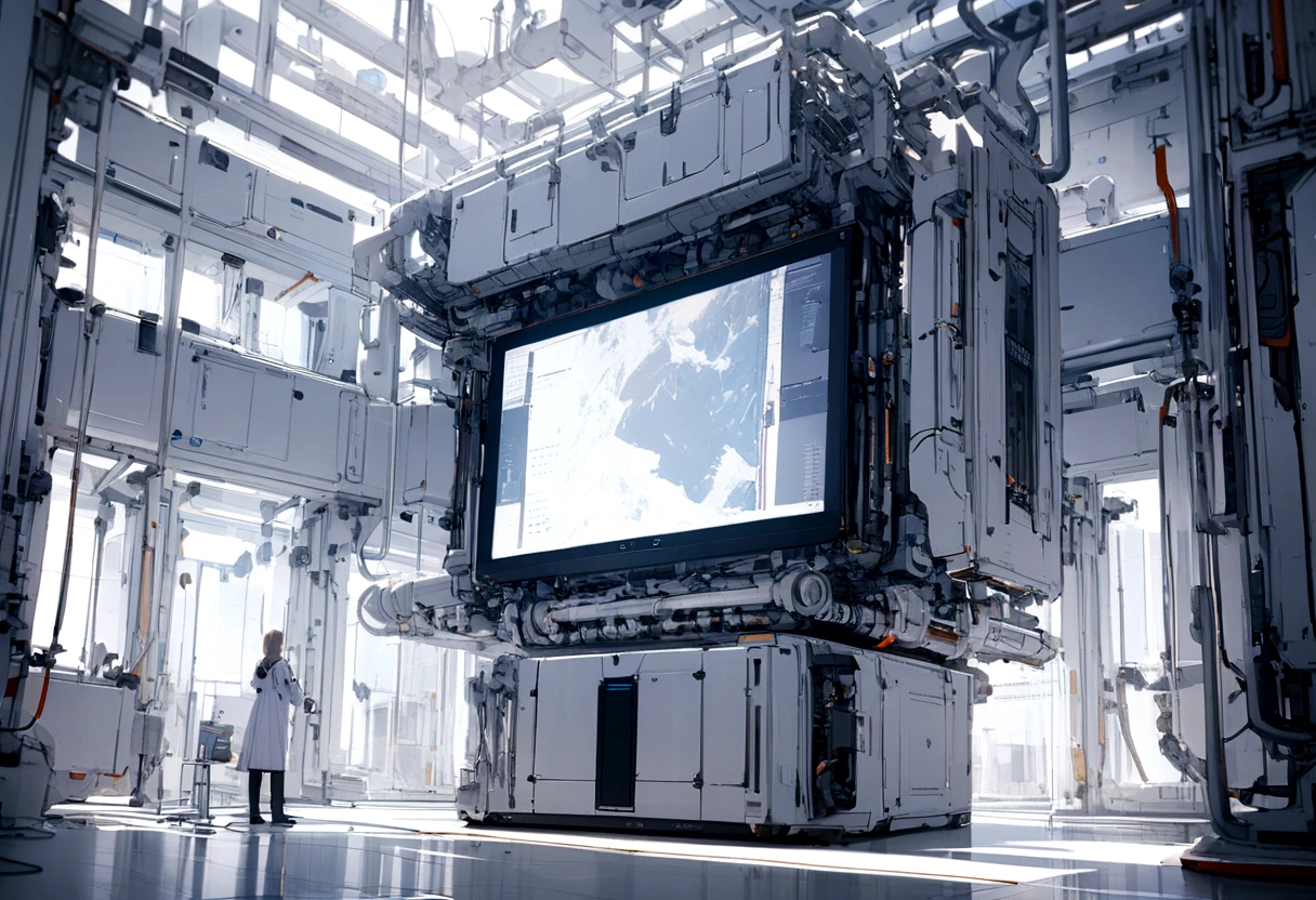 White wall, A large monitor hanging on the wall of a bright white science lab
