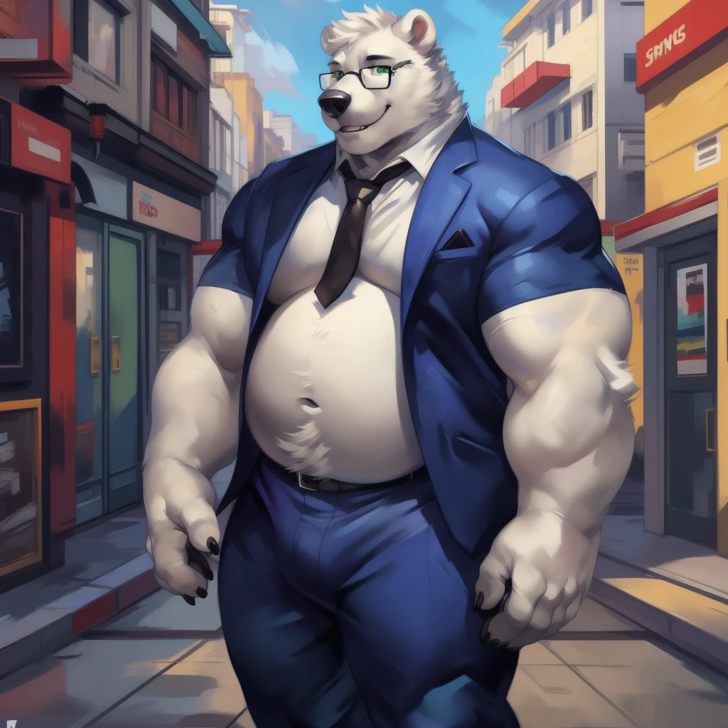 By mystikfox61, by glitter trap boy, by juiceps, by darkgem, solo, male, polar bear, white fur, green eyes, detailed eyes, detailed hands, muscular, overweight, musclegut, big biceps, smiling, glasses, wearing a full suit and tie, standing, street, outside, wonderful day out