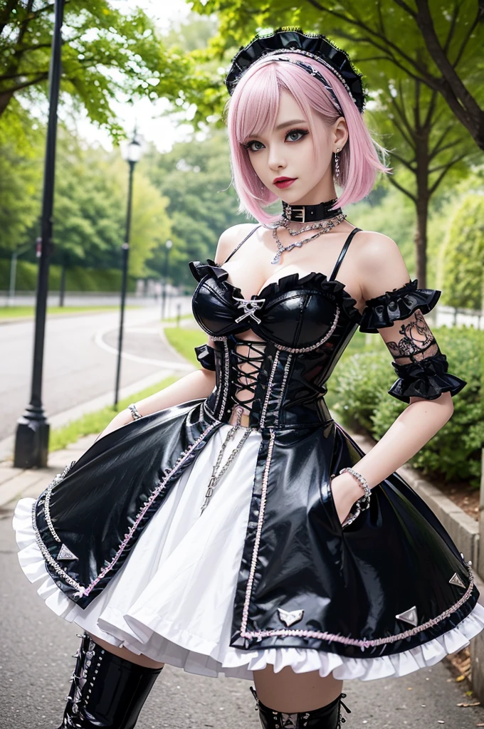 sexy stylish Swedish model, only 1 female, ((doll-like appearance)), short neon pink stylish hair, ((shiny Punk-Style boots)), (beautiful smile), ultra detailed eyes, Punk makeup, lipgloss, ((sexy Punk Lolita cosplay)), unconventional skirt, petticoats, high neckline, ((ultra detailed lace)), ((ultra detailed embroidery)), intricate details, tartan patterns, (silver chains), (silver spikes), (safety pins), Punk Lolita accessoires, Punk Lolita choker, ((large sparkling Punk Lolita jewelry)), cinematic light, detailed large park background with trees
