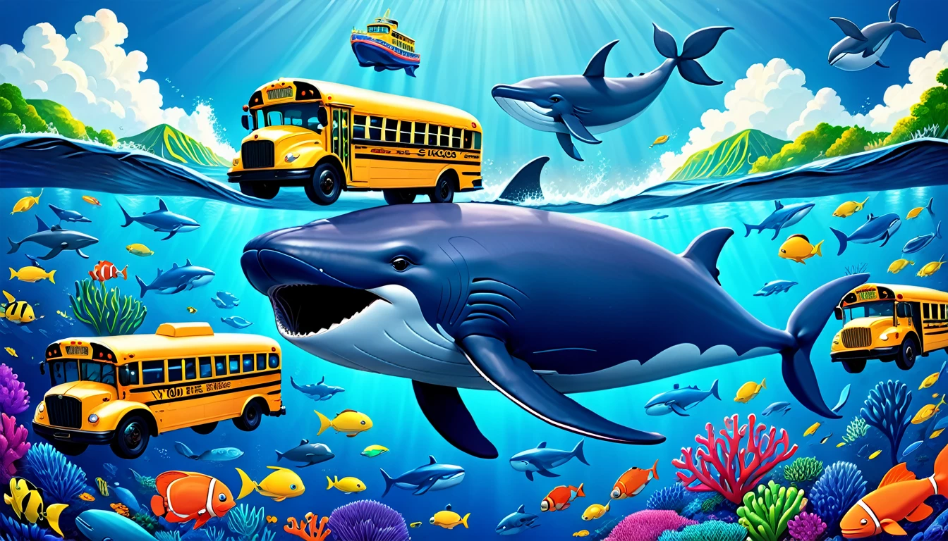 Create a 3-D Pixar style art scene for kids featuring a blue whale swimming beside three school buses for size comparison. The scene should be colorful and vibrant, with an ocean background, coral reefs, and schools of fish. The text 'Did you know? Whales are the biggest animals on Earth!' should be prominently displayed. The overall mood should be engaging and inviting for young children.