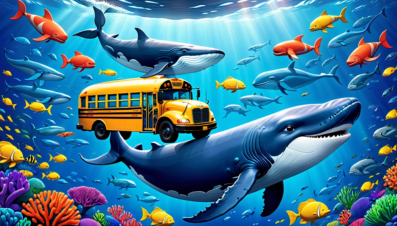 Create a 3-D Pixar style art scene for s featuring a blue whale swimming beside three school buses for size comparison. The scene should be colorful and vibrant, with an ocean background, coral reefs, and schools of fish. The text 'Did you know? Whales are the biggest animals on Earth!' should be prominently displayed. The overall mood should be engaging and inviting for young chi.