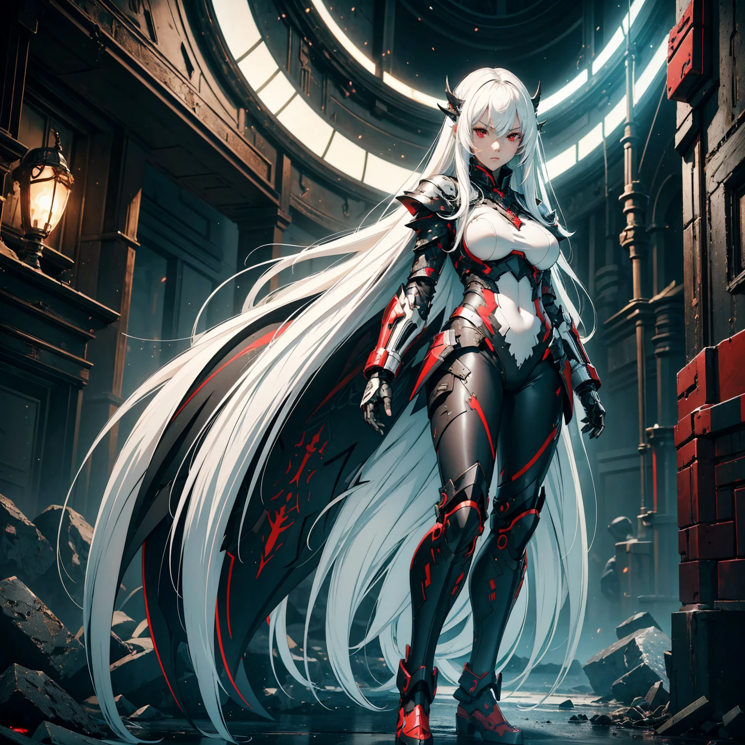 1girl!!!, long hair with bangs, light white hair, big breasts, small size, red eyes, very fair skin, serious face, white tight combat armor, full body, night, dark hole, very sexy body, detailed face, highly detailed, 8k, best quality, masterpiece, vibrant colors, digital art, concept art