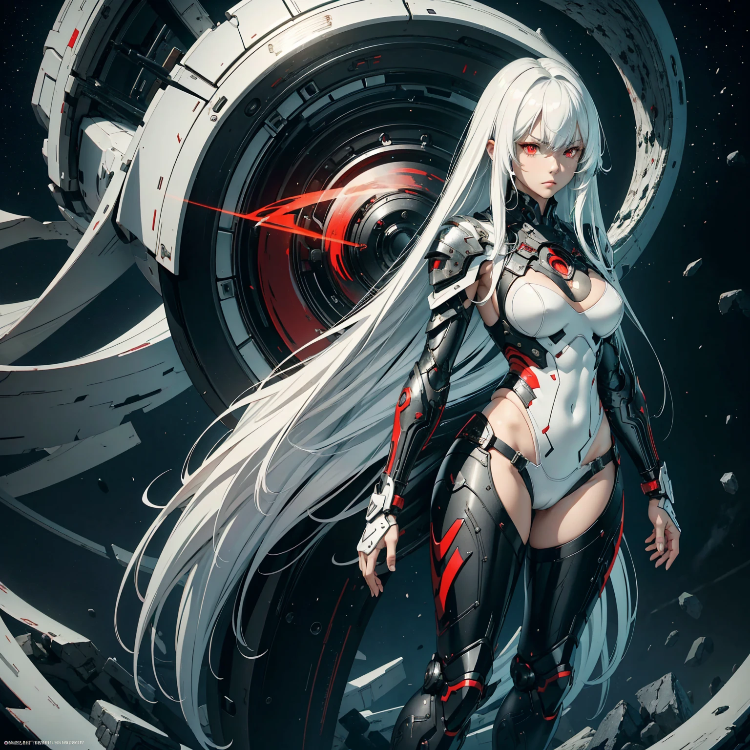 1girl!!!, long hair with bangs, light white hair, big breasts, small size, red eyes, very fair skin, serious face, white tight combat armor, full body, night, dark hole, very sexy body, detailed face, highly detailed, 8k, best quality, masterpiece, vibrant colors, digital art, concept art