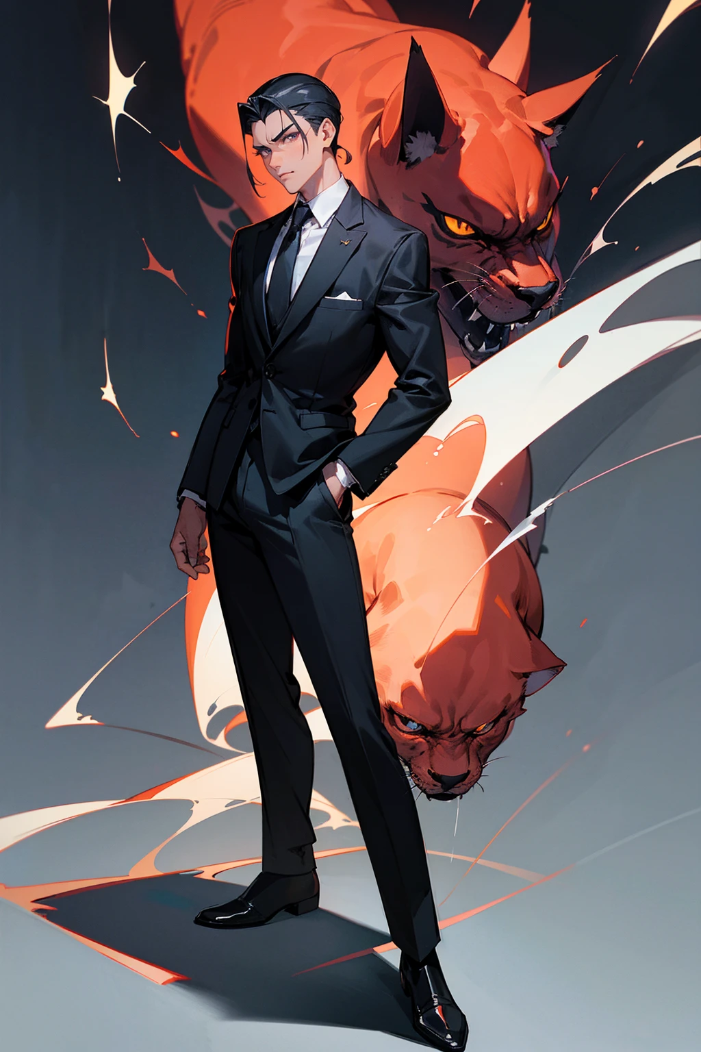 Masterpiece Quality, Perfect Generation, Sclera, Detailed Eyes, Skin, Black Slicked Back Hair, Muscular, Suit Clothing, Bored Expression, , Night Kingdom Background, Full Body, Skin, , , , male, facing viewer, Standing Outside, Red Cat Eyes, Slit Sclerea
