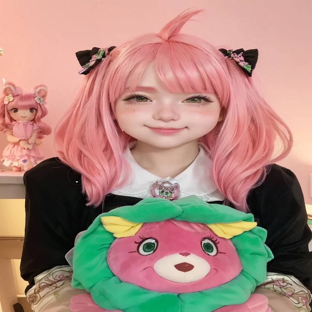 araffe with pink hair and a green and pink teddy bear, Beautiful Delfina, anime girl in real life, anime cosplay, anime girl cosplay, linda garota with pink hair curto, cute kawaii girl, ruan father vtuber, cosplayer dressed as a crab, Kawaii realistic portrait, with pink hair, barbie anime doll, Yami Kawaii, cosplayer