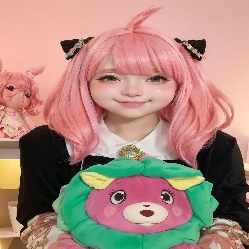 araffe with pink hair and a green and pink teddy bear, Beautiful Delfina, anime girl in real life, anime cosplay, anime girl cosplay, linda garota with pink hair curto, cute kawaii girl, ruan father vtuber, cosplayer dressed as a crab, Kawaii realistic portrait, with pink hair, barbie anime doll, Yami Kawaii, cosplayer