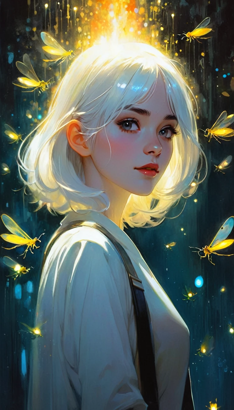 (((Best quality))), (((Ultra detailed))), ((((vivid)))), large library, books, ((particles, fireflies)), nostalgia, fantasy, 1 girl, white hair , (art inspired by Bill Sienkiewicz). oil painting)

