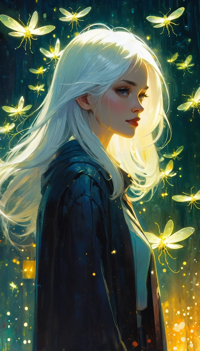 (((Best quality))), (((Ultra detailed))), ((((vivid)))), large library, books, ((particles, fireflies)), nostalgia, fantasy, 1 girl, white hair , (art inspired by Bill Sienkiewicz). oil painting)
