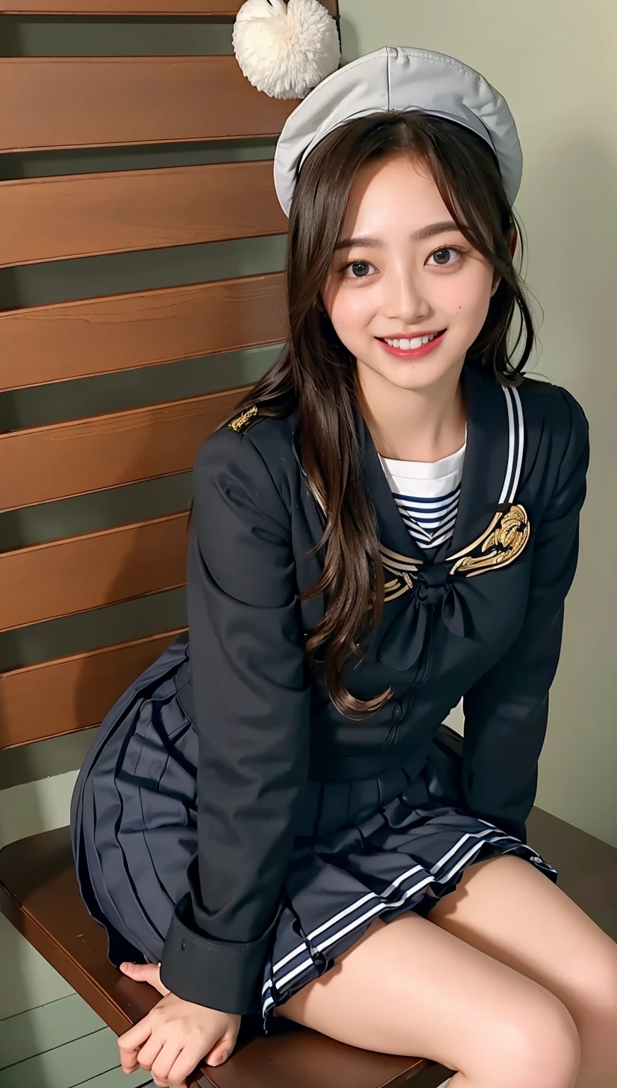 ((highest quality、8k、masterpiece:1.3)),((((fullbody shot)))),Ultra-high resolution,big eyes,Japanese,bangs,(a girl),(1 girl),((20 years old)),((facing at viewer)),(long hair),(((black sailor uniform))),grin,((sitting on chair)),(pleated mini skirt),(((pussy))),((pubic hair)),((skirt lift))