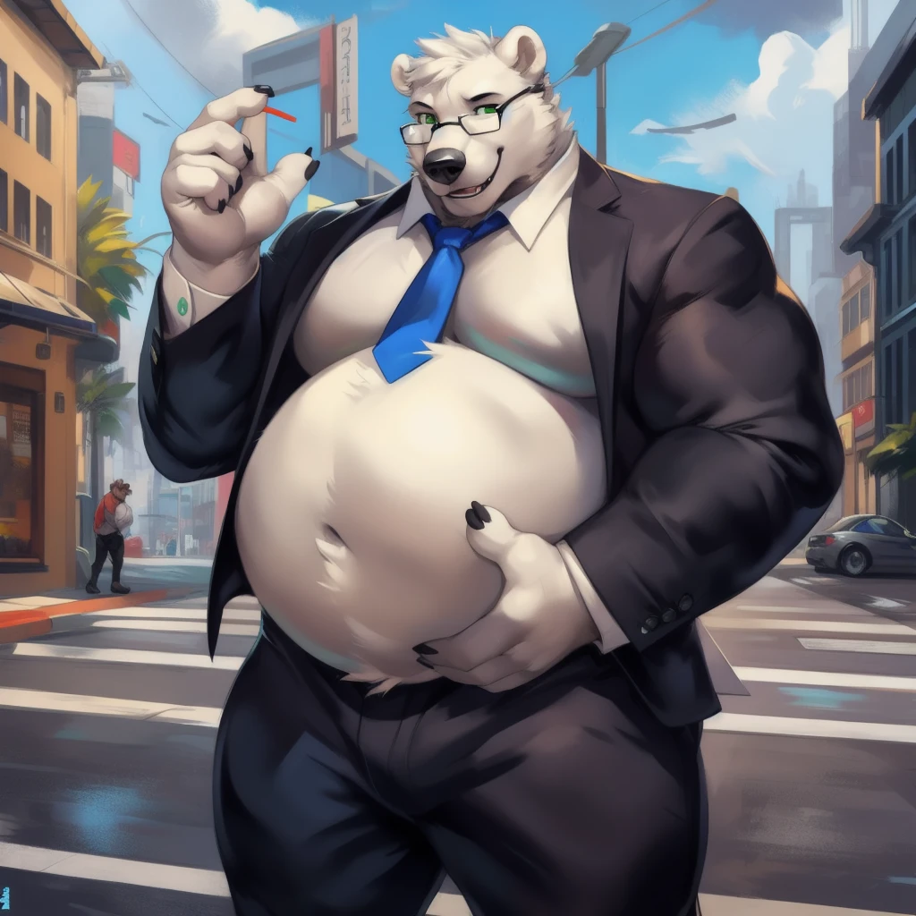 By mystikfox61, by glitter trap boy, by juiceps, by darkgem, solo, male, polar bear, white fur, green eyes, detailed eyes, detailed hands, muscular inflating body belly inflatión belly bloated , overweight, musclegut, big biceps, smiling, glasses, wearing a full suit and tie, standing, street, outside, wonderful day out