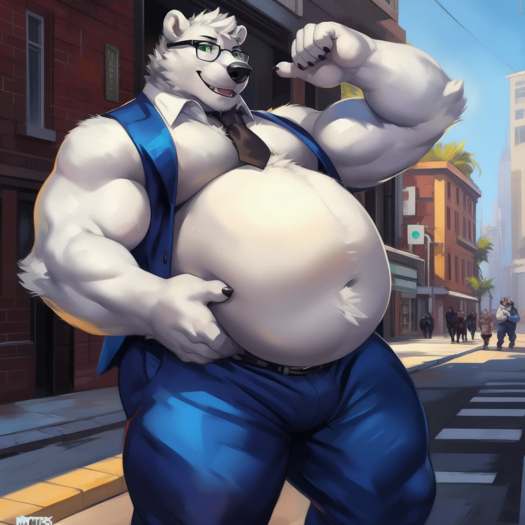 By mystikfox61, by glitter trap boy, by juiceps, by darkgem, solo, male, polar bear, white fur, green eyes, detailed eyes, detailed hands, muscular inflating body belly inflatión belly bloated , overweight, musclegut, big biceps, smiling, glasses, wearing a full suit and tie, standing, street, outside, wonderful day out