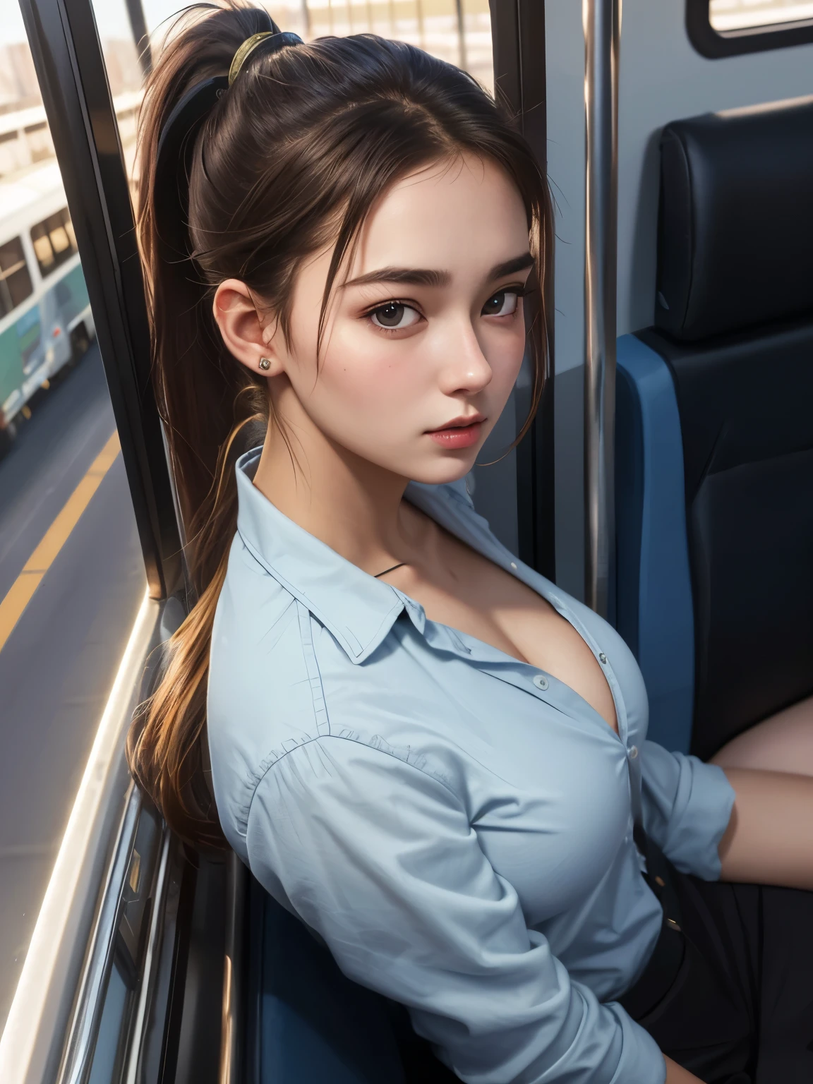 Australian nifty girl, (22 years old), in the bus, evening, bosomy, ponytail, arrogant expression, (from top view), (masterpiece, best quality, highly detailed, hyper realistic) 