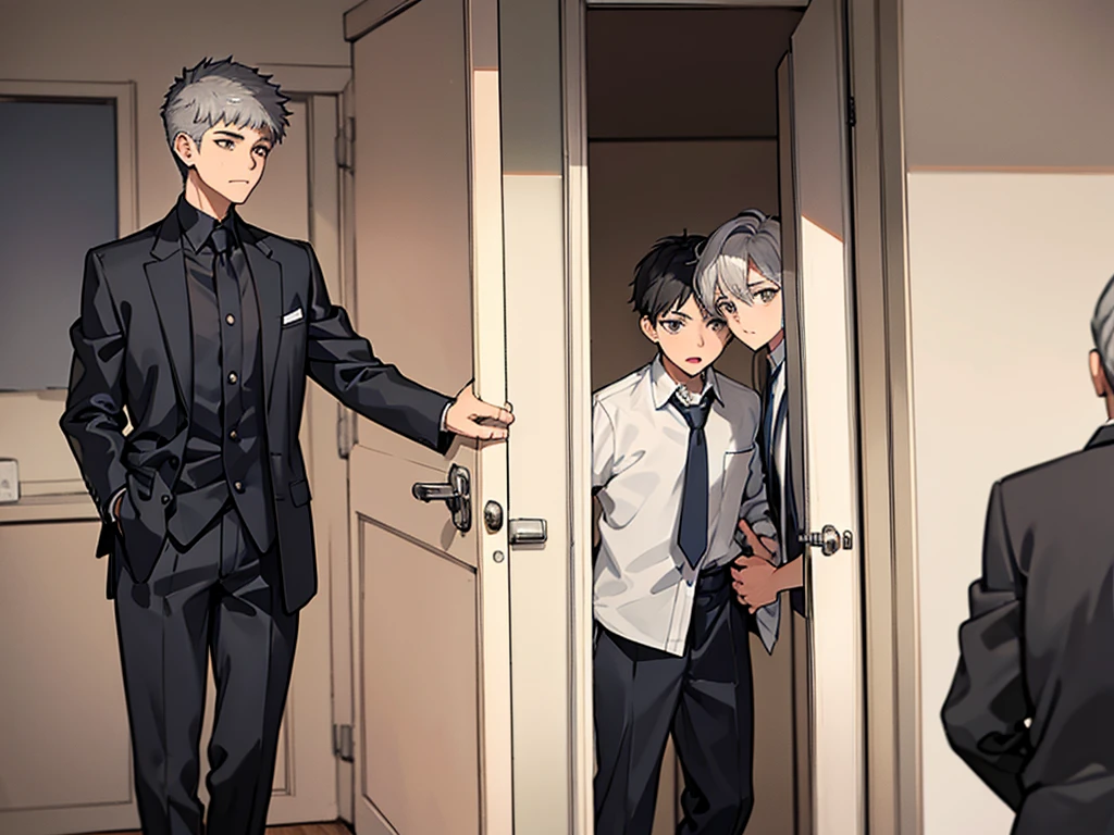 There are two young boys of  talking in their room, they are brothers, they have gray hair, gray eyes.