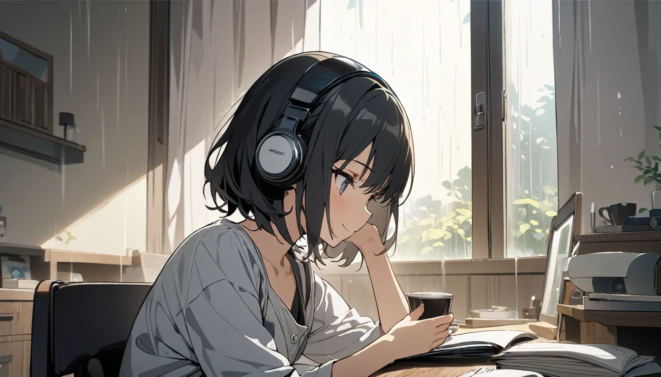 1girl, solo, gentle smile on her face flat chest, short hair, black hair, upper body, ((masterpiece, illustration, best quality)) ((best quality)), ((masterpiece)),Midnight、Inside the room、Rain outside the window、Young girl、Wearing headphones、Concentrate and study at your desk、Notebook on desk、coffee、smartphone、There is only a small light from the desk in the room.、Side view