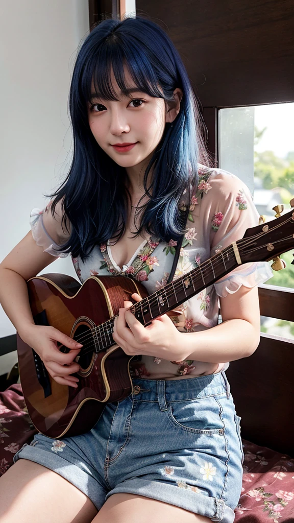((best quality)), photorealistic, photorealism, Photorealistic, high resolution, ((Wearing sheer floral shirt, short pants))、smile、A superb beauty、Super cute、ennui、Rare beauty、Very Short hair、Black Dark Eyeshadow、Sad、white skin、pale skin, Very short hair layered、Cute Makeup、Cute Smile、Fragrant beauty、Music studio background、Mastepiece、Best Quality、Refers to 5 books、Sweat glistening on my chest、Sweat glistening on my face、Medium breasts、Blue hair、Age 20 years old、Mysterious look、A sad expression、Blue Hair、Glamorous music studio、Sweating profusely all over the body、Plenty of sweat glistening on the thighs、A large amount of sweat glistens on my thighs、Sweating profusely、Gal、Medium breasts、Beautiful face、Alluring expression、Sitting、Sitting playing guitar、Thick thighs、Playing guitar、I have a guitar、Sing a song enthusiastically、Playing guitar in a band、Rock band、Playing guitar chords、Live House Background、Sing a song、Open your mouth、Live house scenery、Glamorous live stage、Dynamic Angle