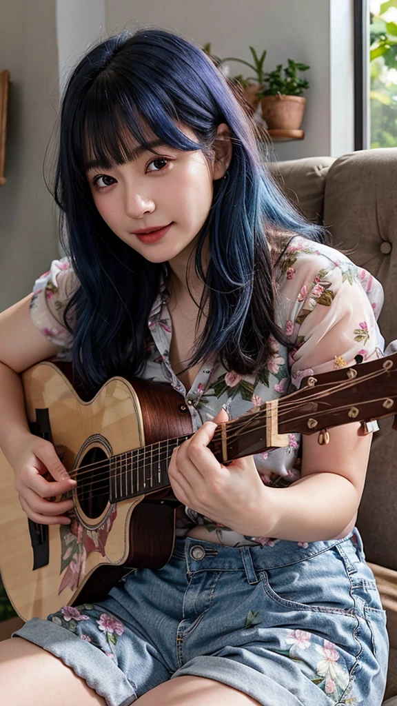 ((best quality)), photorealistic, photorealism, Photorealistic, high resolution, ((Wearing sheer floral shirt, short pants))、smile、A superb beauty、Super cute、ennui、Rare beauty、Very Short hair、Black Dark Eyeshadow、Sad、white skin、pale skin, Very short hair layered、Cute Makeup、Cute Smile、Fragrant beauty、Music studio background、Mastepiece、Best Quality、Refers to 5 books、Sweat glistening on my chest、Sweat glistening on my face、Medium breasts、Blue hair、Age 20 years old、Mysterious look、A sad expression、Blue Hair、Glamorous music studio、Sweating profusely all over the body、Plenty of sweat glistening on the thighs、A large amount of sweat glistens on my thighs、Sweating profusely、Gal、Medium breasts、Beautiful face、Alluring expression、Sitting、Sitting playing guitar、Thick thighs、Playing guitar、I have a guitar、Sing a song enthusiastically、Playing guitar in a band、Rock band、Playing guitar chords、Live House Background、Sing a song、Open your mouth、Live house scenery、Glamorous live stage、Dynamic Angle