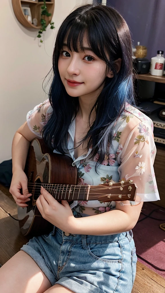 ((best quality)), photorealistic, photorealism, Photorealistic, high resolution, ((Wearing sheer floral shirt, short pants))、smile、A superb beauty、Super cute、ennui、Rare beauty、Very Short hair、Black Dark Eyeshadow、Sad、white skin、pale skin, Very short hair layered、Cute Makeup、Cute Smile、Fragrant beauty、Music studio background、Mastepiece、Best Quality、Refers to 5 books、Sweat glistening on my chest、Sweat glistening on my face、Medium breasts、Blue hair、Age 20 years old、Mysterious look、A sad expression、Blue Hair、Glamorous music studio、Sweating profusely all over the body、Plenty of sweat glistening on the thighs、A large amount of sweat glistens on my thighs、Sweating profusely、Gal、Medium breasts、Beautiful face、Alluring expression、Sitting、Sitting playing guitar、Thick thighs、Playing guitar、I have a guitar、Sing a song enthusiastically、Playing guitar in a band、Rock band、Playing guitar chords、Live House Background、Sing a song、Open your mouth、Live house scenery、Glamorous live stage、Dynamic Angle