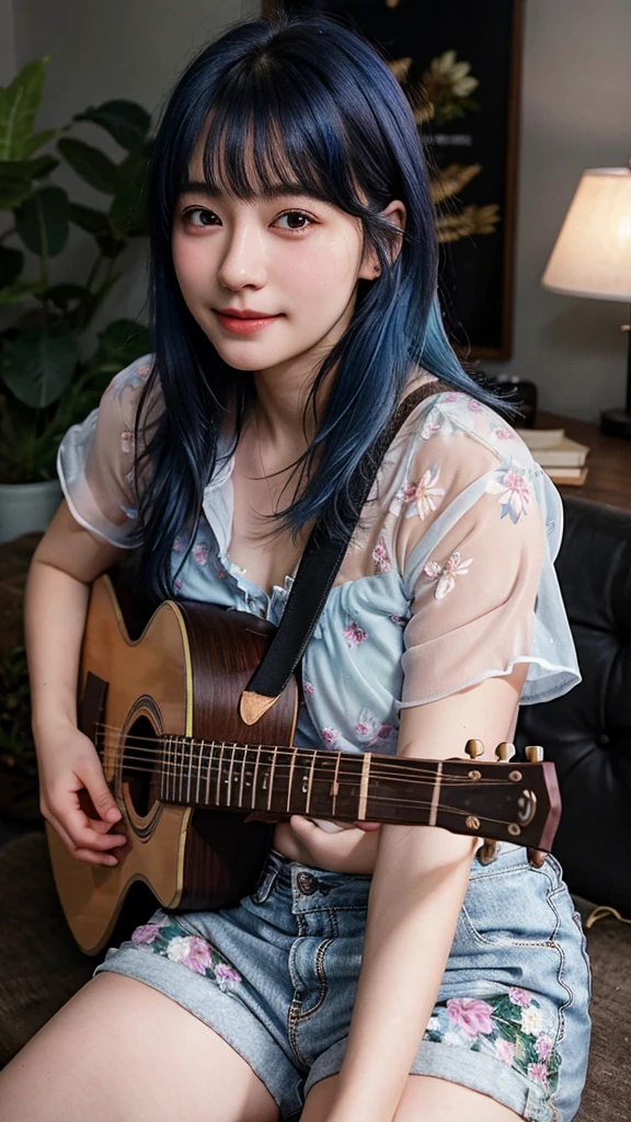 ((best quality)), photorealistic, photorealism, Photorealistic, high resolution, ((Wearing sheer floral shirt, short pants))、smile、A superb beauty、Super cute、ennui、Rare beauty、Very Short hair、Black Dark Eyeshadow、Sad、white skin、pale skin, Very short hair layered、Cute Makeup、Cute Smile、Fragrant beauty、Music studio background、Mastepiece、Best Quality、Refers to 5 books、Sweat glistening on my chest、Sweat glistening on my face、Medium breasts、Blue hair、Age 20 years old、Mysterious look、A sad expression、Blue Hair、Glamorous music studio、Sweating profusely all over the body、Plenty of sweat glistening on the thighs、A large amount of sweat glistens on my thighs、Sweating profusely、Gal、Medium breasts、Beautiful face、Alluring expression、Sitting、Sitting playing guitar、Thick thighs、Playing guitar、I have a guitar、Sing a song enthusiastically、Playing guitar in a band、Rock band、Playing guitar chords、Live House Background、Sing a song、Open your mouth、Live house scenery、Glamorous live stage、Dynamic Angle