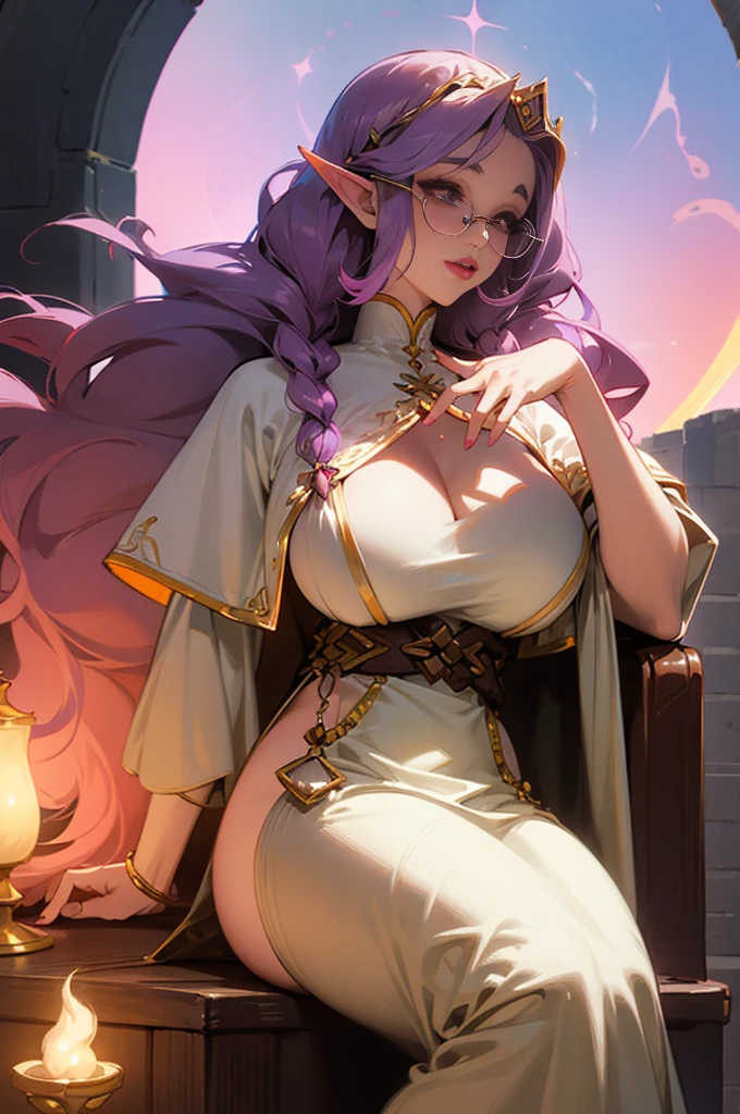 Solo, Elf, pale purple skin, Black braids, (((long hair))), light mahogany hair, peach lipstick, eyeliner, eyelashes, thick eyelashes, big breasts, cream linen tunic, (peach cloak), glasses, fantasy village, mature female, voluptuous, chunky 