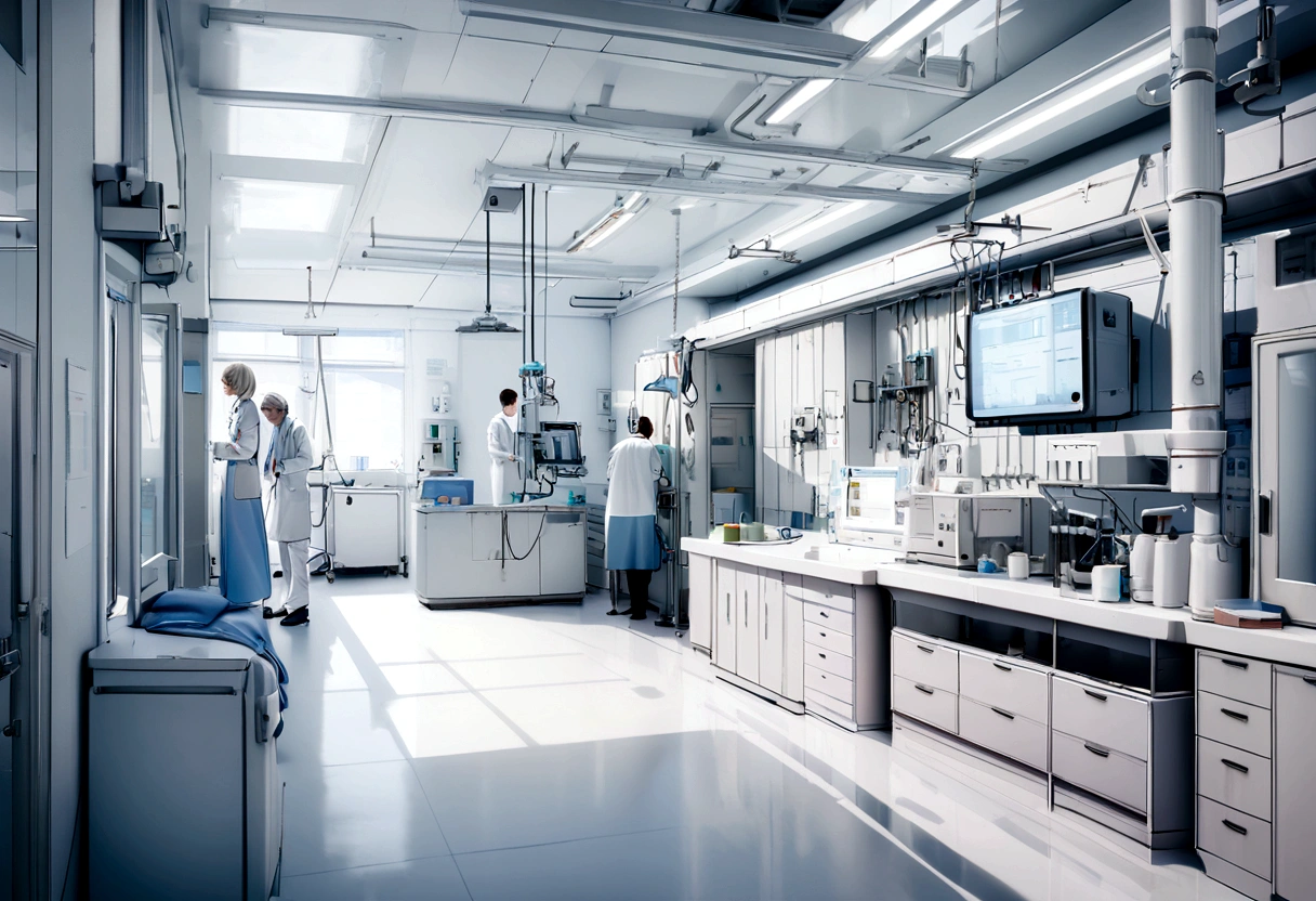 White wall, hospital, A large monitor hanging on the wall of a bright white science lab