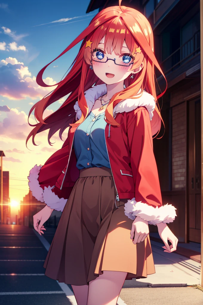 itsukinakano, itsuki nakano, bangs, blue eyes, Hair between the eyes, Ahoge, Redhead, star \(symbol\), hair ornaments, star hair ornaments,Akagi Glasses,smile,blush,Fun atmosphere,Open your mouth,Long Hair,Tie your hair back,Red jacket, (Checked fur jacket: 1.2), Long skirt,Heeled Sandals, necklace, Handbags, Earrings,Walking,morning,morning陽,The sun is rising,whole bodyがイラストに入るように,
break outdoors, Building district, break looking at viewer,whole body,
break (masterpiece:1.2), Highest quality, High resolution, unity 8k wallpaper, (shape:0.8), (Beautiful and beautiful eyes:1.6), Highly detailed face, Perfect lighting, Extremely detailed CG, (Perfect hands, Perfect Anatomy),