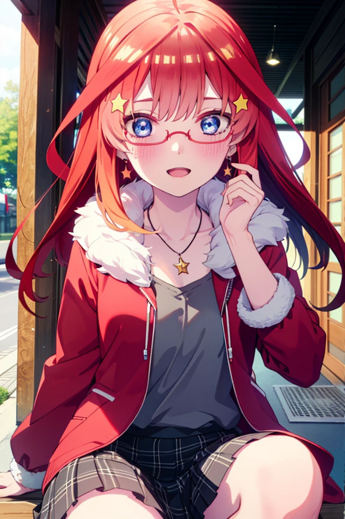 itsukinakano, itsuki nakano, bangs, blue eyes, Hair between the eyes, Ahoge, Redhead, star \(symbol\), hair ornaments, star hair ornaments,Akagi Glasses,smile,blush,Fun atmosphere,Open your mouth,Long Hair,Tie your hair back,Red jacket, (Checked fur jacket: 1.2), Long skirt,Heeled Sandals, necklace, Handbags, Earrings,Walking,morning,morning陽,The sun is rising,whole bodyがイラストに入るように,
break outdoors, Building district,                                            break looking at viewer,whole body,
break (masterpiece:1.2), Highest quality, High resolution, unity 8k wallpaper, (shape:0.8), (Beautiful and beautiful eyes:1.6), Highly detailed face, Perfect lighting, Extremely detailed CG, (Perfect hands, Perfect Anatomy),