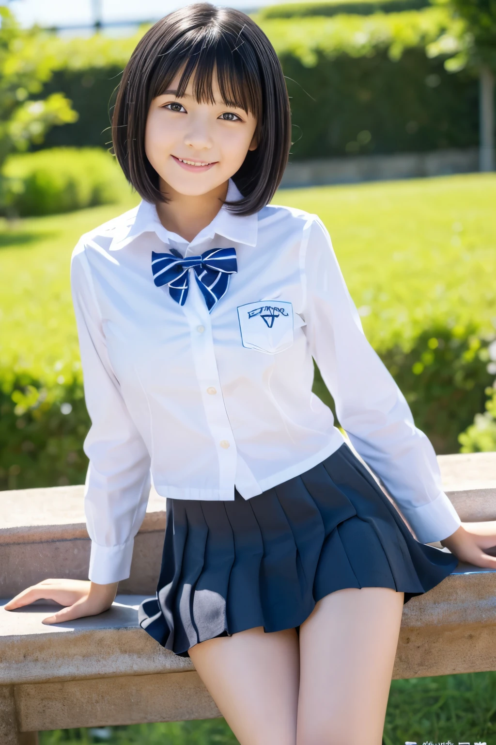 (((masterpiece))),  (Beautiful Japanese Girl, Classmate, Landscape and innocence，cute) ，Ultra-high resolution, Realistic, Ultra-detailed, 8K,Highest quality, Very detailed, Detailed Background,Slender,とてもBeautiful Japanese Girl, Detailed face:1.3), Full-body display，(Short Hair，Black Hair :1.4), (Baby Face，cute系,Adorable 12 year old girl), (Perfect body:1.1),  (school uniform，mini skirt、Sweating、Small white panties), The best smile,非常にDetailed face、Beautiful thighs，Detailed lips、Detailed eyes、 gravure idol，Clear Skin，Sitting on a bench，Girl&#39;s Room