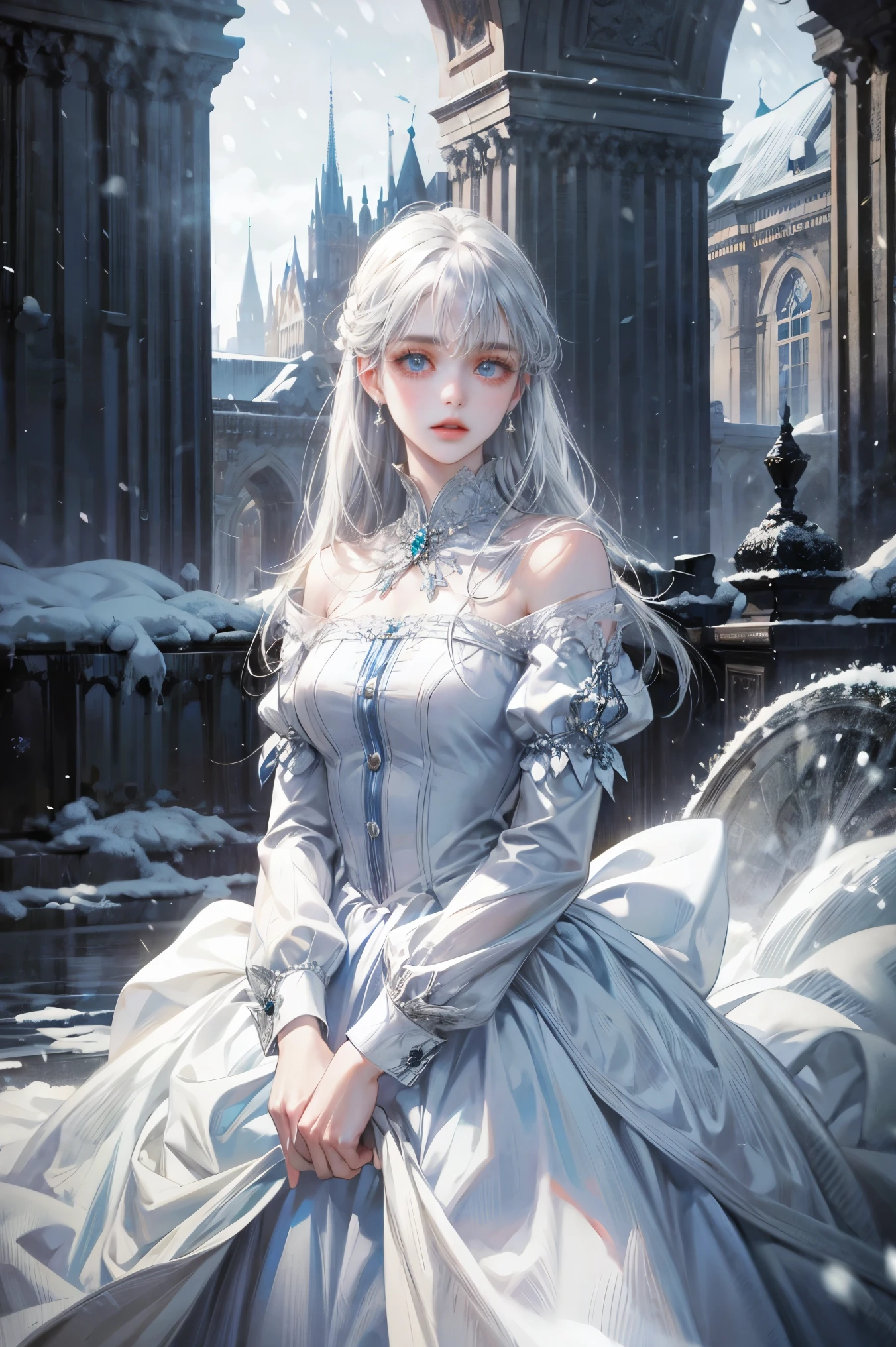Silver hair woman, looking at the viewer, blue eyes like the sky, castillo, snow, snowing, cae snow, white dress with long sleeves, jewelry, Alone woman, solitary 
