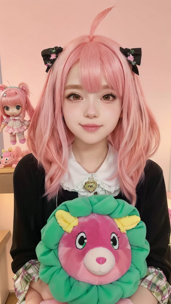 araffe with pink hair and a green and pink teddy bear, Beautiful Delfina, anime girl in real life, anime cosplay, anime girl cosplay, linda garota with pink hair curto, cute kawaii girl, ruan father vtuber, cosplayer dressed as a crab, Kawaii realistic portrait, with pink hair, barbie anime doll, Yami Kawaii, cosplayer