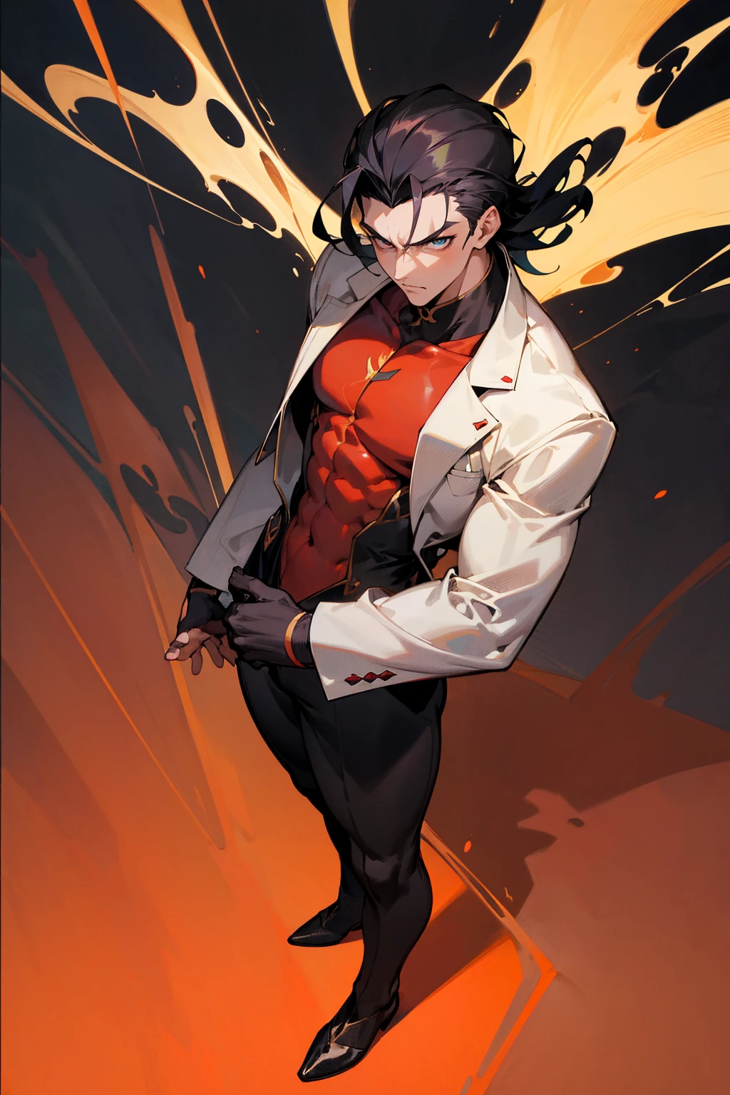 Masterpiece Quality, Perfect Generation, Sclera, Detailed Eyes, Skin, Black Slicked Back Hair, Muscular, Suit Clothing, Bored Expression, , Night Kingdom Background, Full Body, Skin, , Teen, , male, facing viewer, Standing Outside, Red Cat Eyes, Slit Sclerea, Muzan
