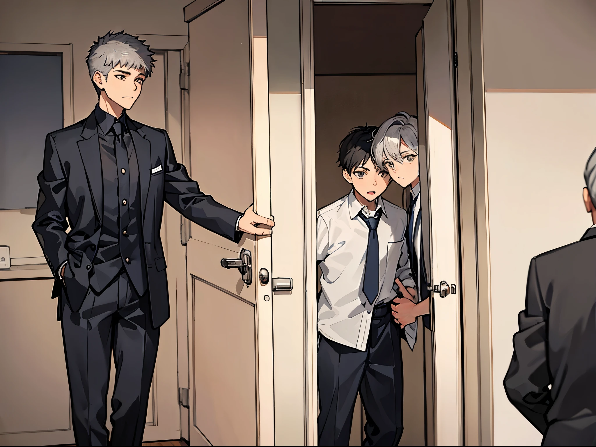 There are two young boys of 16 years old talking in their room, they are brothers, they have gray hair, gray eyes.