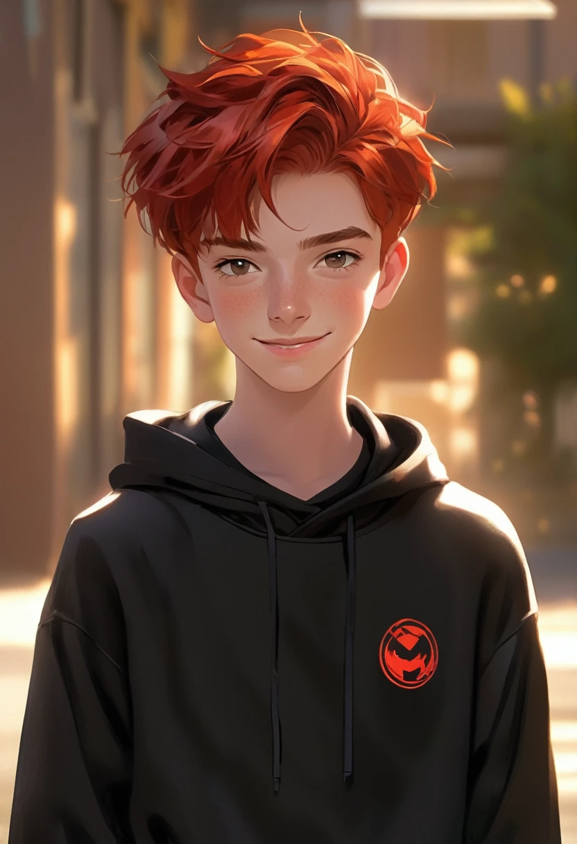 A age boy with red hair, Brown eyes, dressed in a black sweatshirt and has a slight smile 