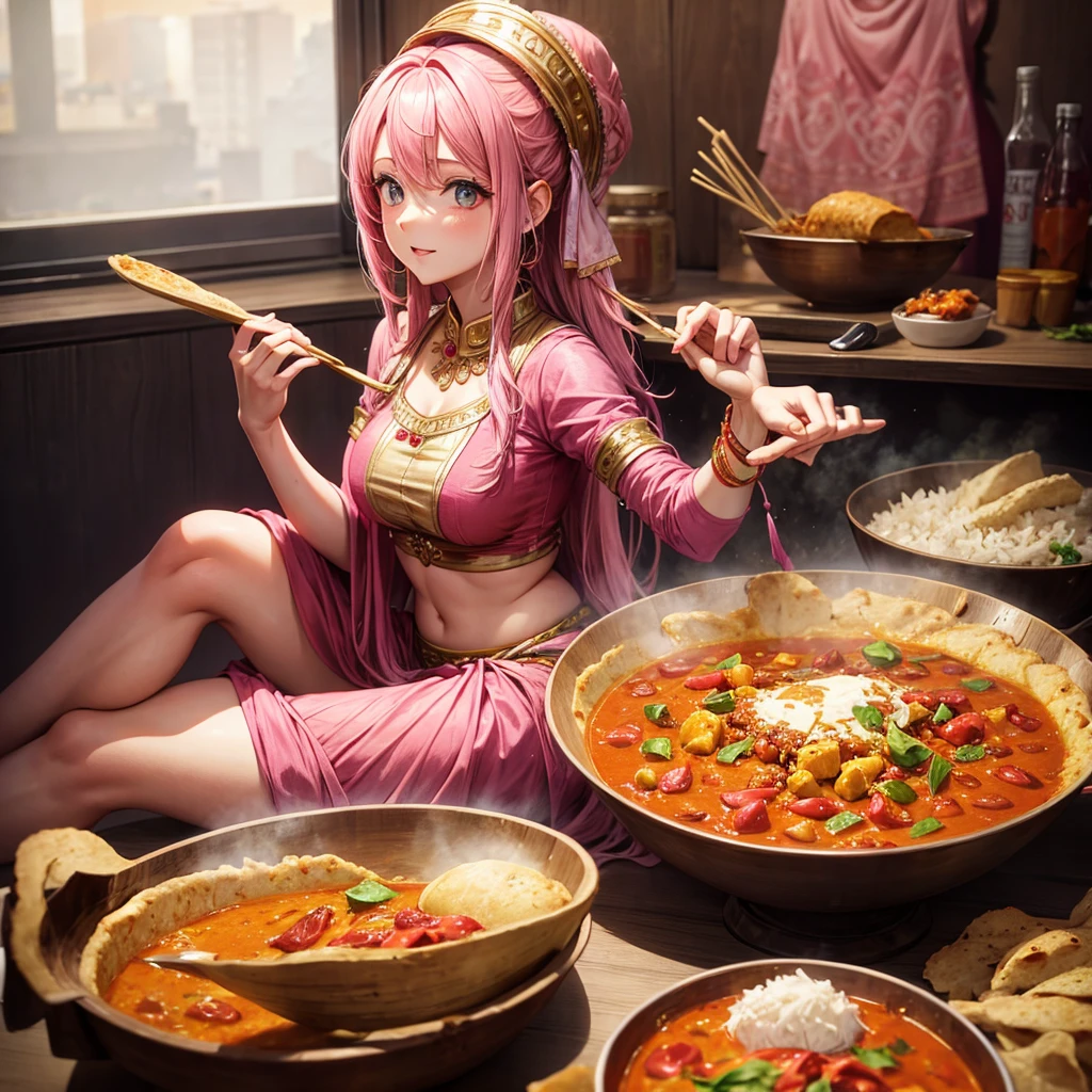 Pink haired goddess eating naan curry　Indian traditional clothing　