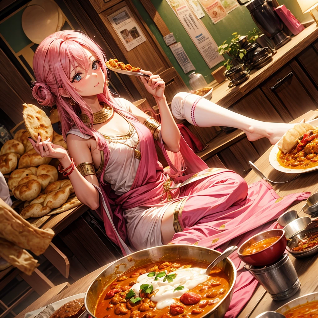 Pink haired goddess eating naan curry Indian traditional clothing