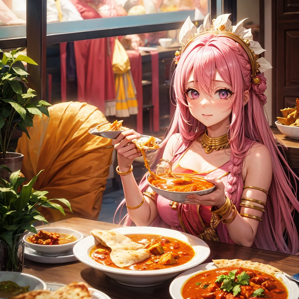 Pink haired goddess eating naan curry Indian traditional clothing