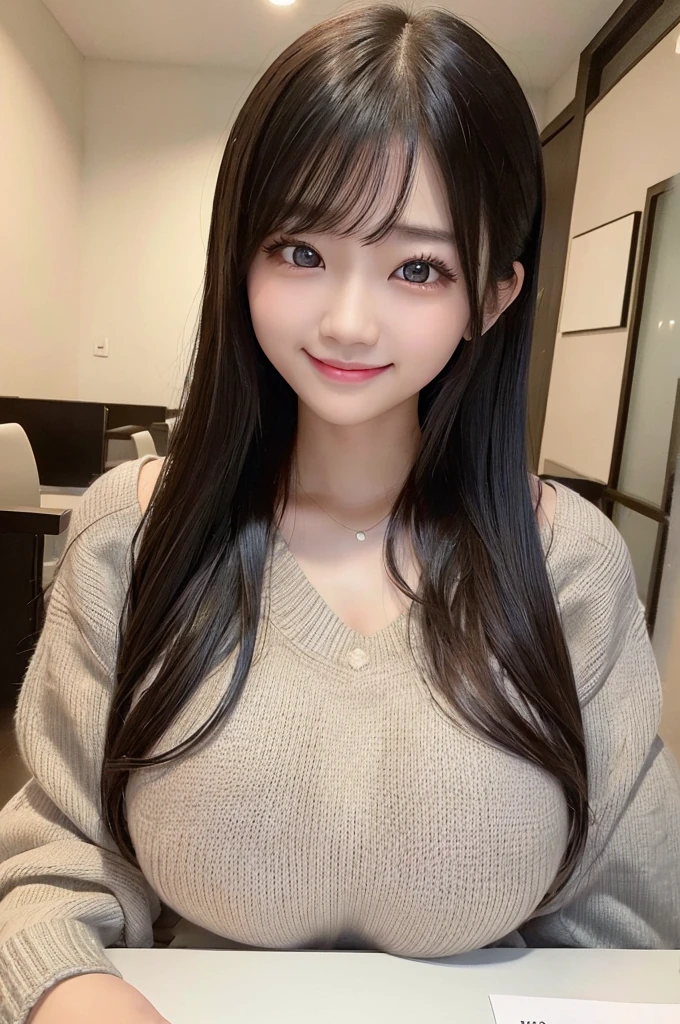 ((Photo of Pretty Japanese girl with super colossal breast)), 18 years old, ((wearing the knit sweater)), ((top-quality, master piece, ultra-definition)), ((high resolution photo:1.2)), kawaii, cute, teens, only one person, Black hair, beautiful hair, Beautiful eyes, ((super gigantic breast:1.3)), cleavage of the breasts, ((breast on the table)), breast rest, big smile, enjoyed, laughing, ultra-detailed face, detailed lips, detailed eyes, double eyelid, look at viewer, in the room