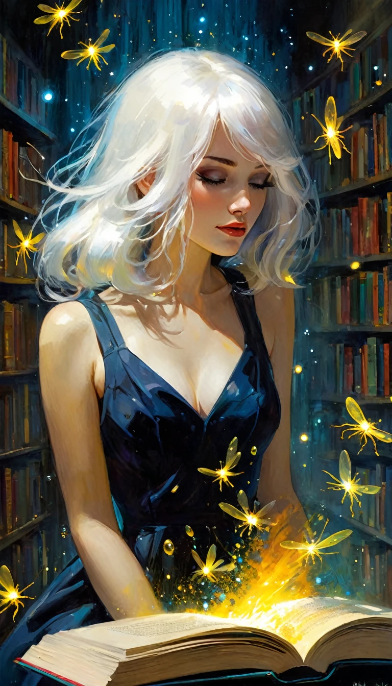 (((Best quality))), (((Ultra detailed))), ((((vivid)))), large library, books, ((particles, fireflies come out of an open book)), nostalgia, fantasy, 1 girl, white hair, sexy (art inspired by Bill Sienkiewicz). oil painting)
