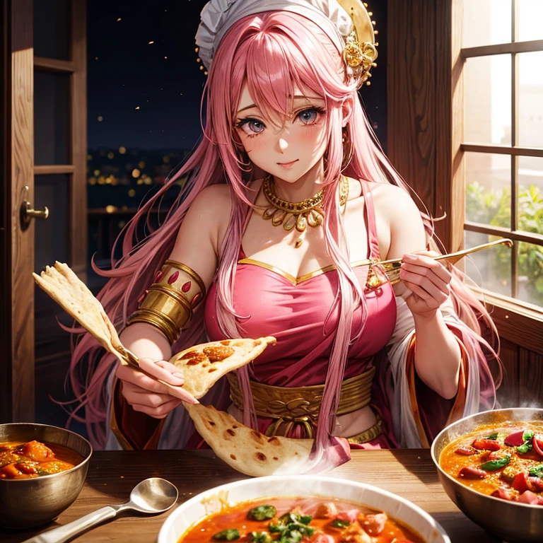 Pink haired goddess eating naan curry Indian traditional clothing