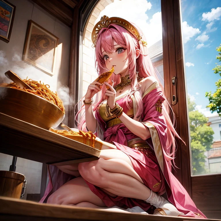 Pink haired goddess eating naan curry　Indian traditional clothing　