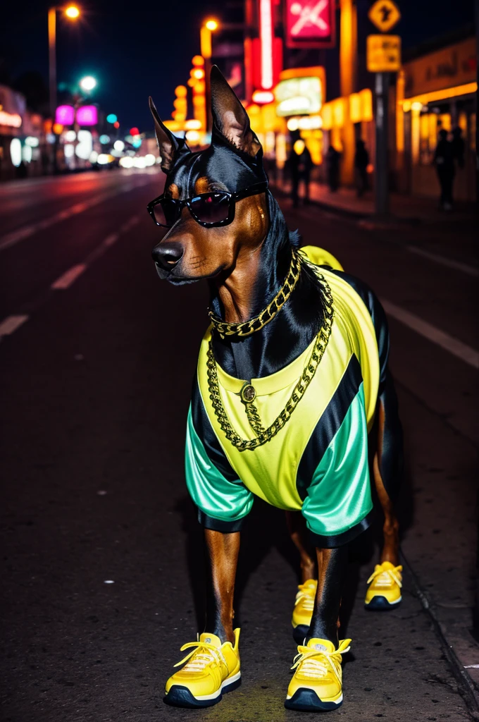 A groovily stylish Doberman dog, channeling the iconic Snoop Dogg, struts through the illuminated streets of Los Angeles at night. This canine is decked out in flashy street wear reminiscent of the rapper, exuding confidence and attitude with every step. The scene is captured in a high-quality photograph, showcasing the dog's gleaming chain, oversized shades, and laid-back swagger. The image's vivid colors and crisp details bring this unique and captivating character to life, adding a touch of urban cool to the nocturnal cityscape.