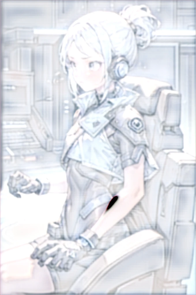 jet \(existent\), Blue cropped jacket, No sleeve, Black bodysuit, Black trousers, One girl, alone, headset, Gaming Chair, View the screen, Live Stream, anger, angerの表情, From the side