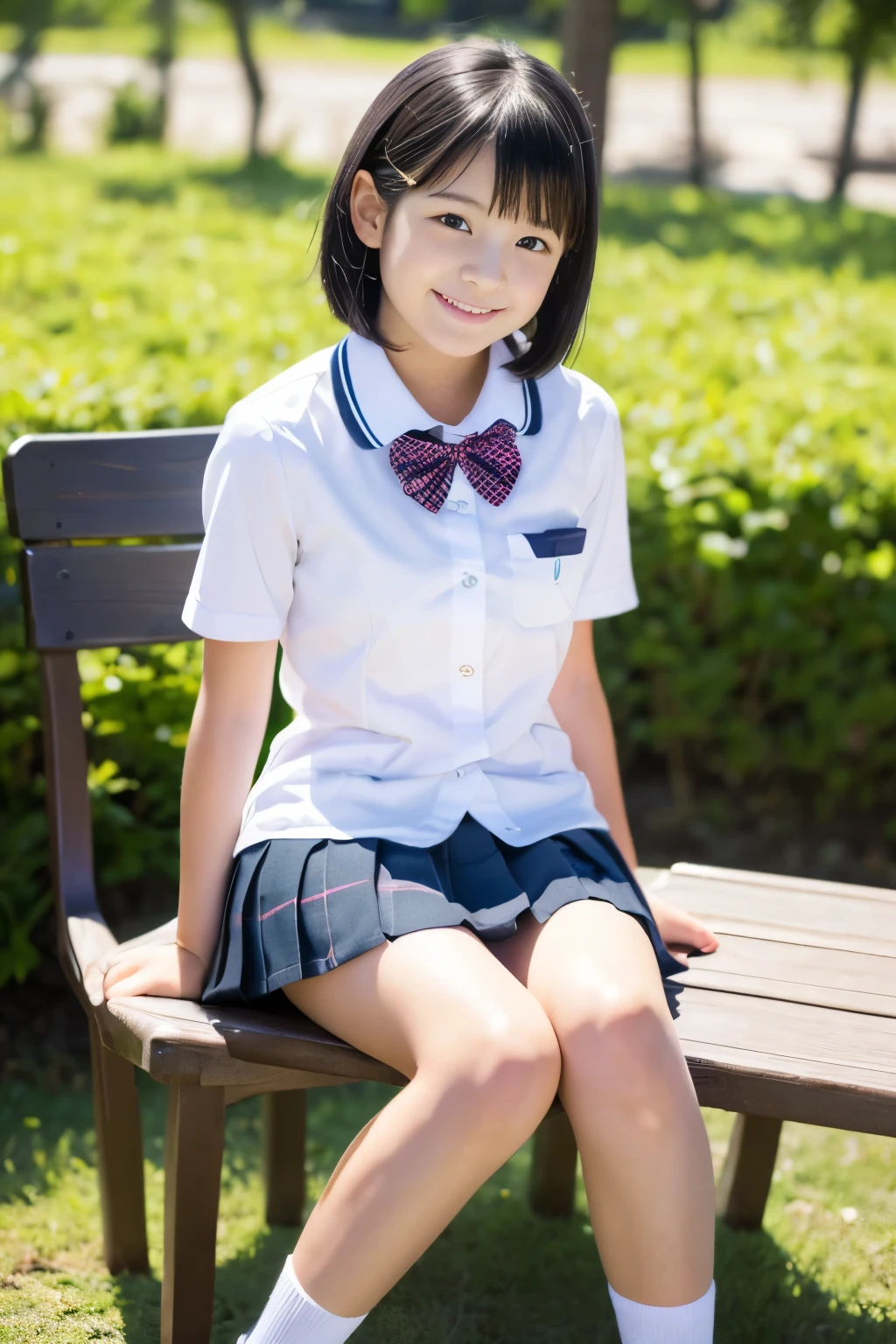 (((masterpiece))),  (Beautiful Japanese Girl, Classmate, Landscape and innocence，cute) ，Ultra-high resolution, Realistic, Ultra-detailed, 8K,Highest quality, Very detailed, Detailed Background,Slender,とてもBeautiful Japanese Girl, Detailed face:1.3), Full-body display，(Short Hair，Black Hair :1.4), (Baby Face，cute系,Adorable 12 year old girl), (Perfect body:1.1),  (school uniform，mini skirt、Sweating、Small white panties), The best smile,非常にDetailed face、Beautiful thighs，Detailed lips、Detailed eyes、 gravure idol，Clear Skin，Sitting on a bench，Girl&#39;s Room